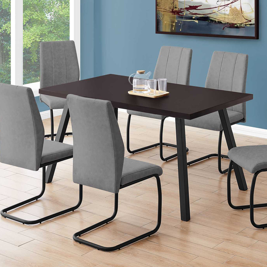 60" Inch Rectangular Dining Table, MDF, Walnut Veneer, Metal Legs, 4512839526072 Brand: Homeroots Size: 60inW x 36inD x 31inH, Weight: 57lb, Shape: Rectangular, Material: Top: MDF, Walnut Veneer, Legs: Metal, Seating Capacity: Seats 4-6 people, Color: Top: Dark Wood Color (Dark Brown), Base: Black