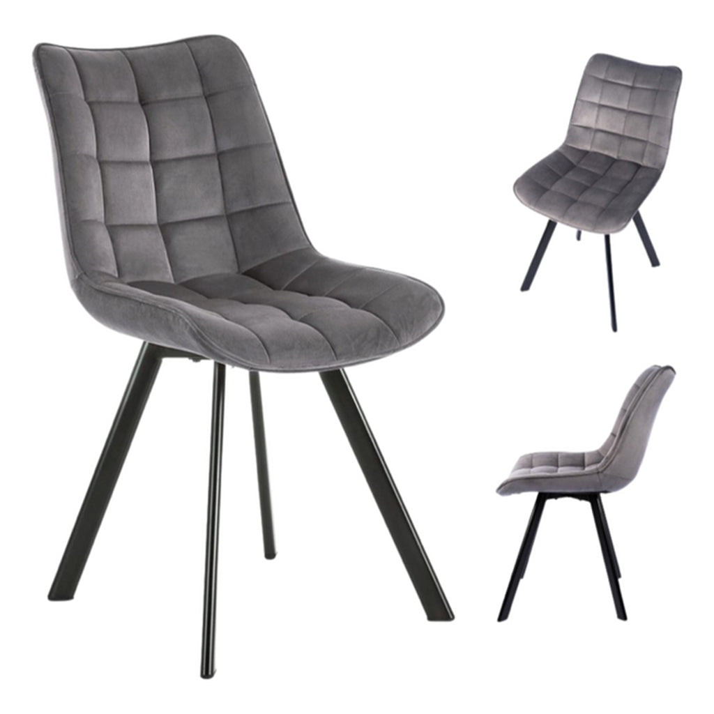 Upholstered dining chairs in gray fabric with powder-coated steel legs