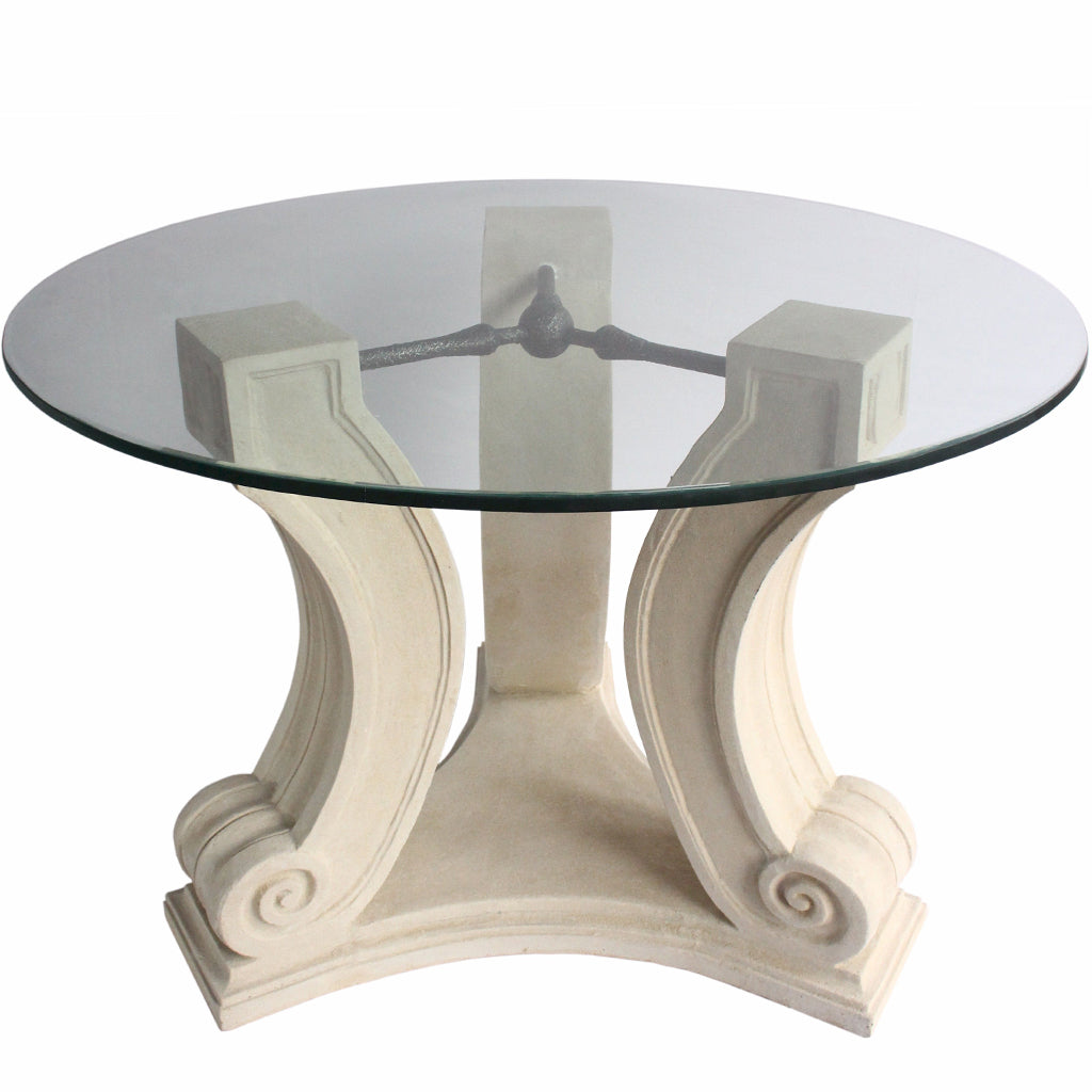 Glass Entry Table, Round, Limestone Base, Glass Top TB-G3429-42 Brand: Anderson Teak Size: 34inW x 34inD x 29inH (Base); 42″W 42″W (Glass Top) Weight: 150lb; Shape: Round; Material: Base: Limestone ; Top: 3/8" thick glass; Color: White Natural Limestone Color
