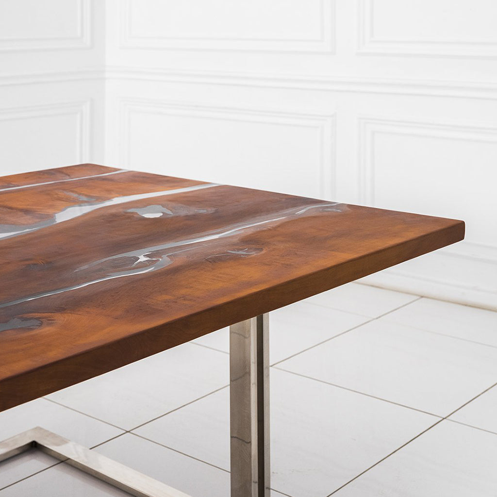 Lesnoy | Polymer Resin Hand Made Dining Table, Rectangular, Pear Tree Wood, Stainless Steel Legs, MHM012, Brand: Maxima House, Size: 116.5inW x 49inD x 29.5inH, Weight: 450lb, Shape: Rectangular, Material: Top: Solid Pear Tree Wood filled with Polymer Resin Legs: Stainless Steel, Seating Capacity: Seats 8-10 people, Color: Natural Wood Color