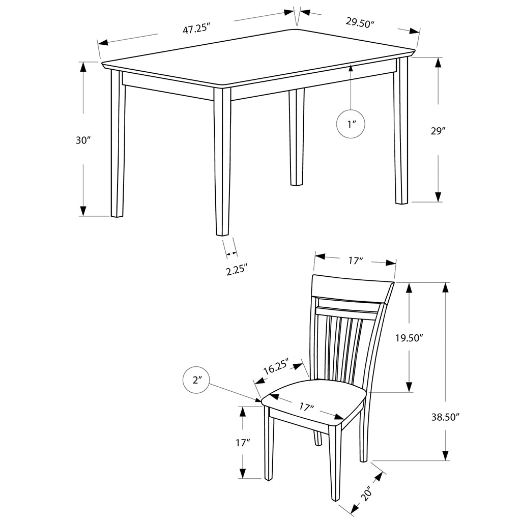 Wooden Dining Table Set For 4, Rectangular, Walnut Wood, 332657 Brand: Homeroots, Table Size: 47.25inW x 29.5inD x 30inH, Chair Size: 17inW x 19.5inD x 38.5inH, Seat Height: 17in, Table Shape: Rectangular, Material: MDF & Solid Walnut Wood, Seating Capacity: Seats 4, Color: Walnut Wood Color