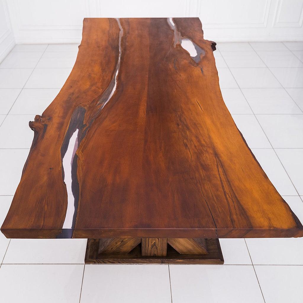 Mars Pear Tree Wood With Polymer Resin Live Edge Trestle Table, MHM010 Brand: Maxima House, Size: 110inW x 55inD x 29.5inH, Weight: 498lb, Shape: Rectangular, Live Edge, Material: Solid Pear Tree Wood filled with Polymer Resin, Seating Capacity: Seats 8-10 people, Color: Natural Wood Color