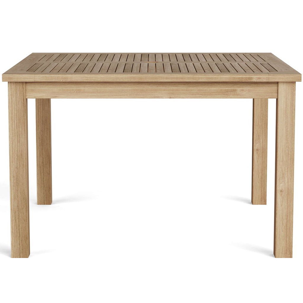Windsor Nicest Small House Dining Table, Outdoor Slat Dining Table, Teak Wood, Square Wooden Table, TB-047SS Brand: Anderson Teak Size: 47inW x 47inD x 29inH; Weight: 80lb; Shape: Square; Material: Teak Wood Seating Capacity: Seats 2-4 people; Color: Neutral teak color; light wood