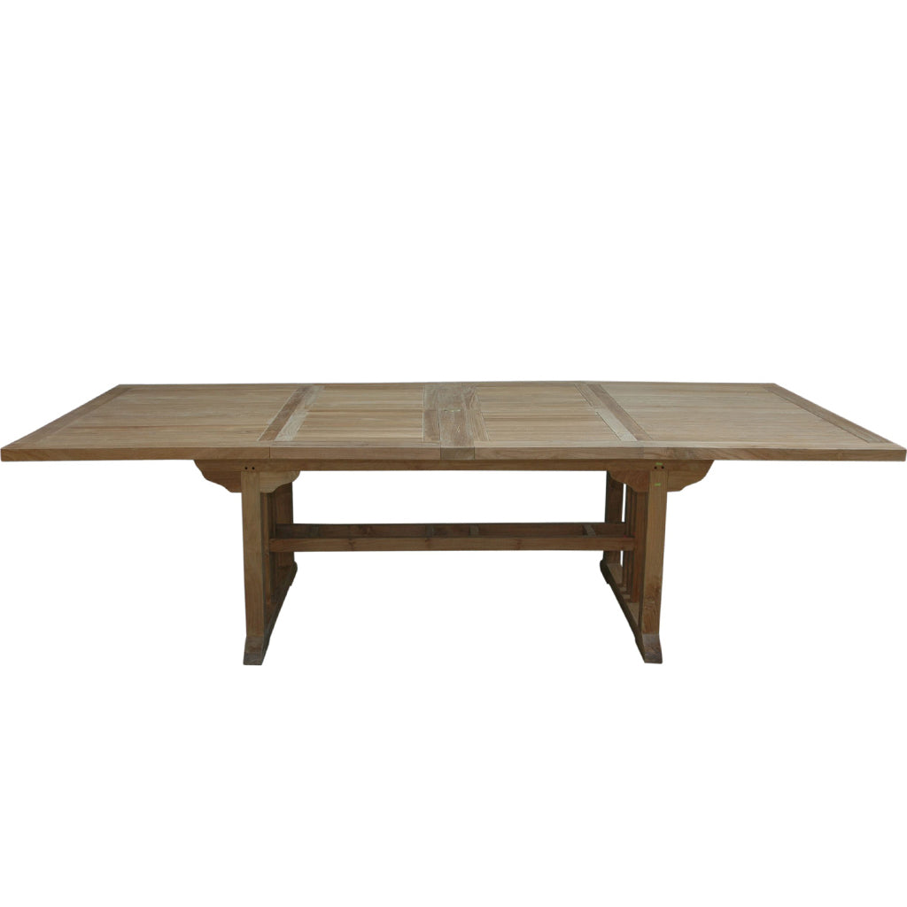 Sahara Teak Extendable Table, Extendable Dining Table Seats 12, Rectangular, TBX-106RD Brand: Anderson Teak; Size: 106inW x 43inD x 29inH Weight: 170lb; Shape: Rectangular; Material: Teak Wood Seating Capacity: Seats 10-12 people; Color: Neutral teak color; light wood