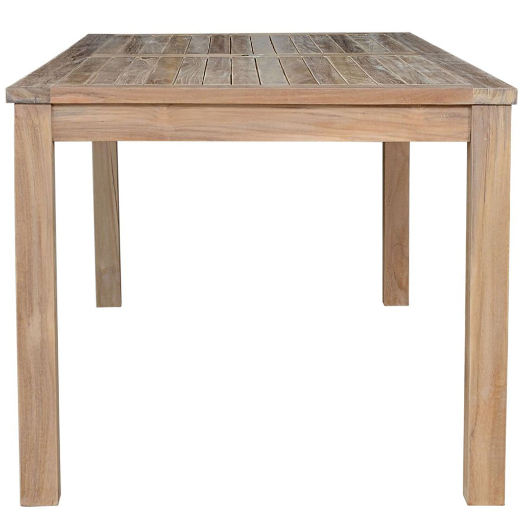 Outdoor Rectangular Wooden Table, Teak Wood, TB-070DTR Brand: Anderson Teak Size: 70inW x 35inD x 29.5inH; Weight: 80lb; Shape: Rectangular; Material: Teak Wood Seating Capacity: Seats 4-6 people; Color: Neutral teak color; light wood