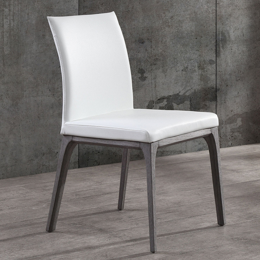 Stella Dining Chair, Set of 2, White & Gray Oak, Faux Leather, Solid Wood Gray Oak Base, DC1454-GRY/WHT, Brand: Whiteline Modern Living Size: 20inW x 23inD x 35inH, Seat Height:  19in/ 48.25cm, Weight: 17lb, Material: Faux leather & solid oak wood, Color: White, gray base, Assembly Required: No, Weather Resistant: No