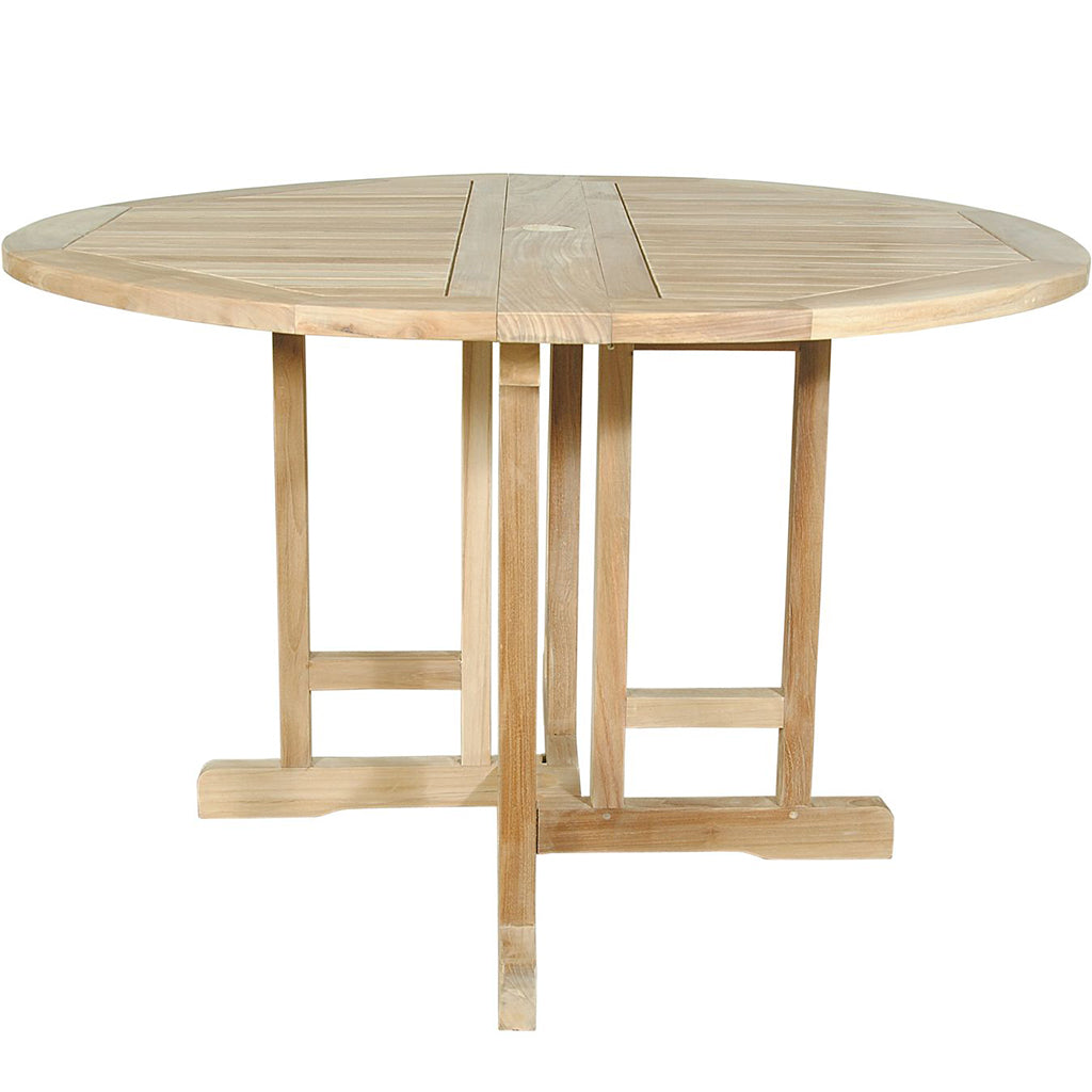 Butterfly | 47" Round Folding Table, Teak Wood Brand: Anderson Teak; Size: 47inW x 47inD x 29inH Weight: 85lb; Shape: Round; Material: Teak Wood Seating Capacity: Seats 2-4 people; Color: Neutral teak color; light wood, TBF-047BR