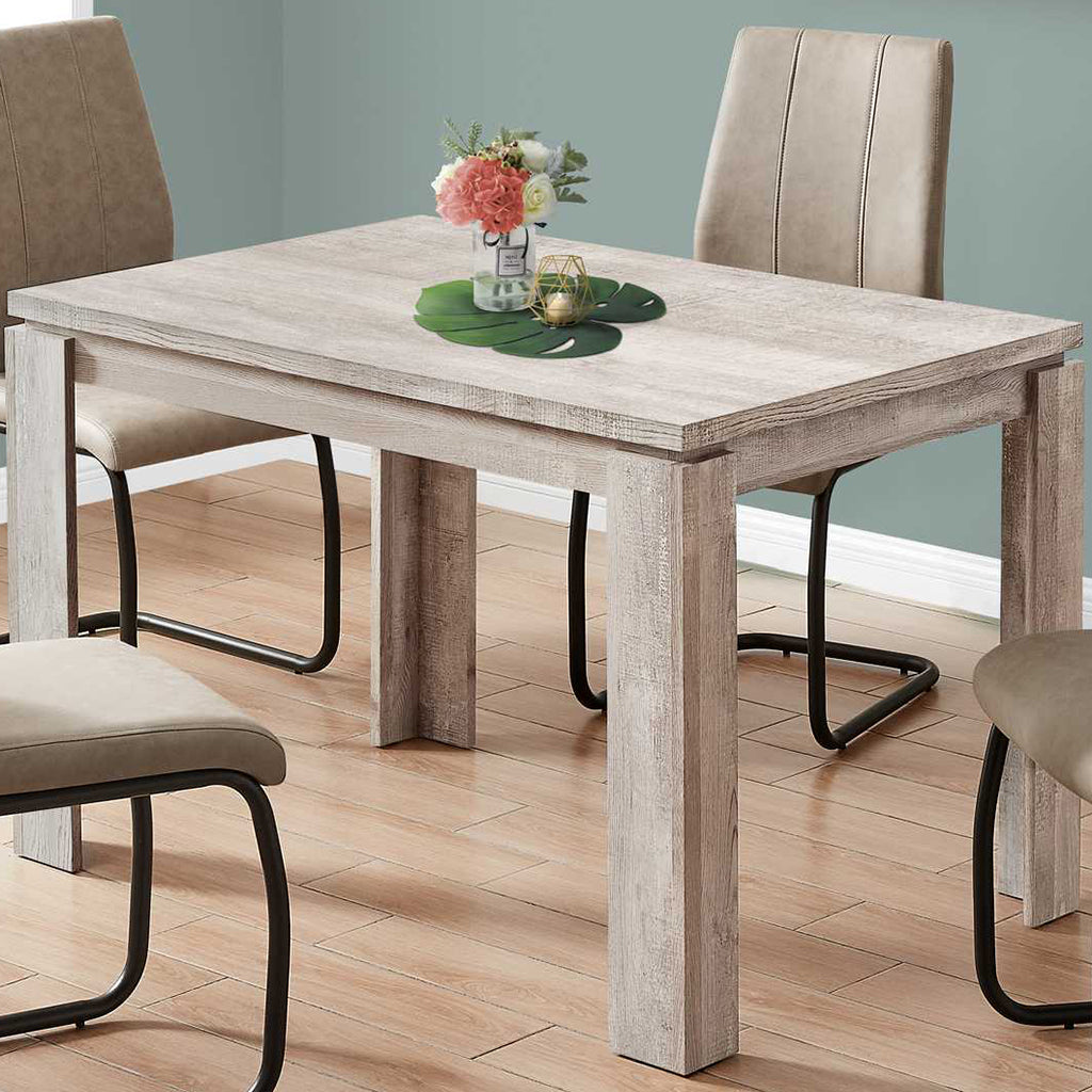 47" Farmhouse Taupe Rectangular Dining Table For 4, Reclaimed Wood, 4512839526010 Brand: Homeroots, Size: 47.25inW x 31.5inD x 30.5inH, Weight: 44lb, Shape: Rectangular, Material: Reclaimed Wood, Seating Capacity: Seats 2-4, Color: Taupe