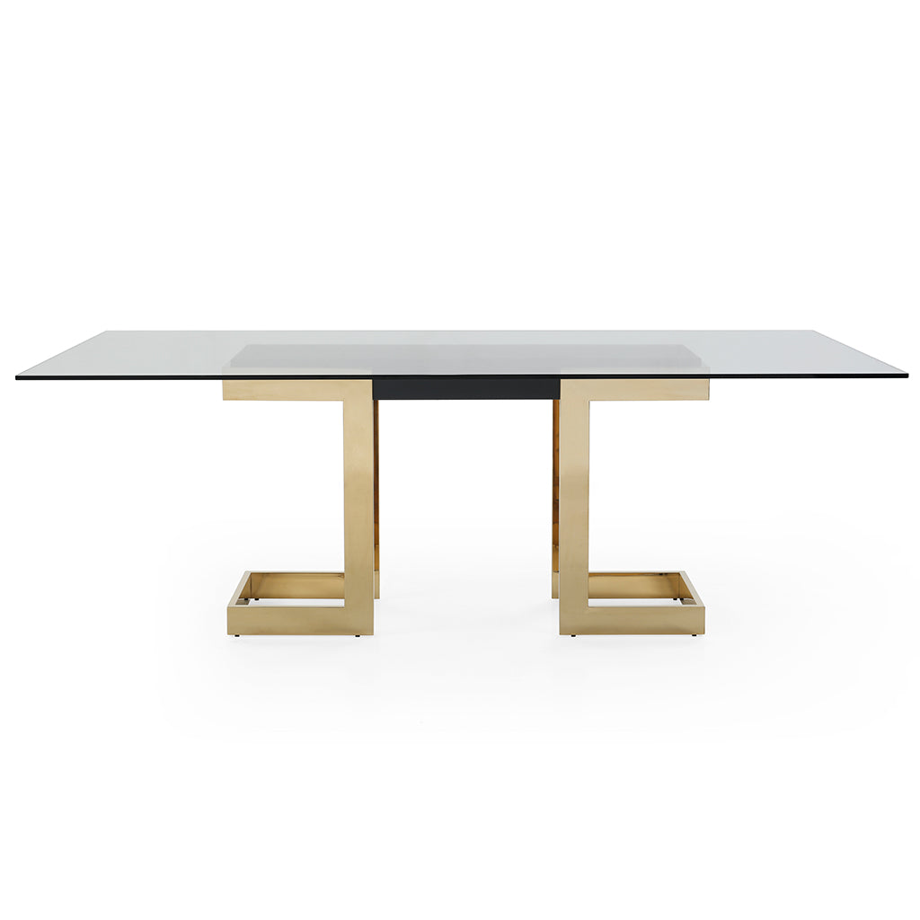Gold Color Table, Dining, Rectangular, Glass Top, DT1658-BLK Brand: Whiteline Modern Living Size: 87inW x 39inD x 30inH; Weight: 229lb Shape: Rectangular; Material: Top: 1/2" Glass; Base: Gold Stainless Steel; Seating Capacity: Seats 4-6 people; Color: Gold Color Base