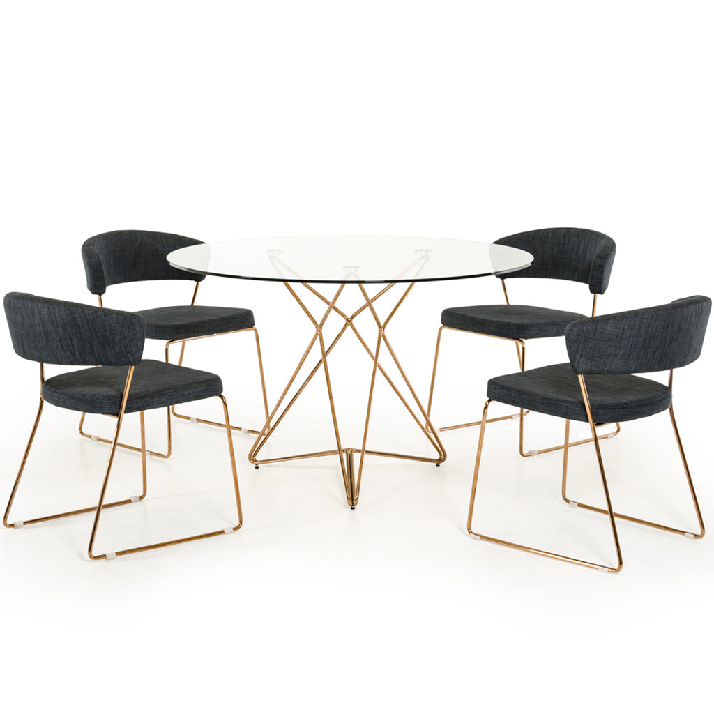 47 inch Round Contemporary Glass Dining Table, Golden Color, 4 Seater, 283104 Brand: Homeroots, Size: 47inW x 47inD x 30inH, Weight: 87lb, Shape: Round, Material: Top: Glass Top, Base: Stainless Steel, Seating Capacity: Seats 2-4 people, Color: Golden Color