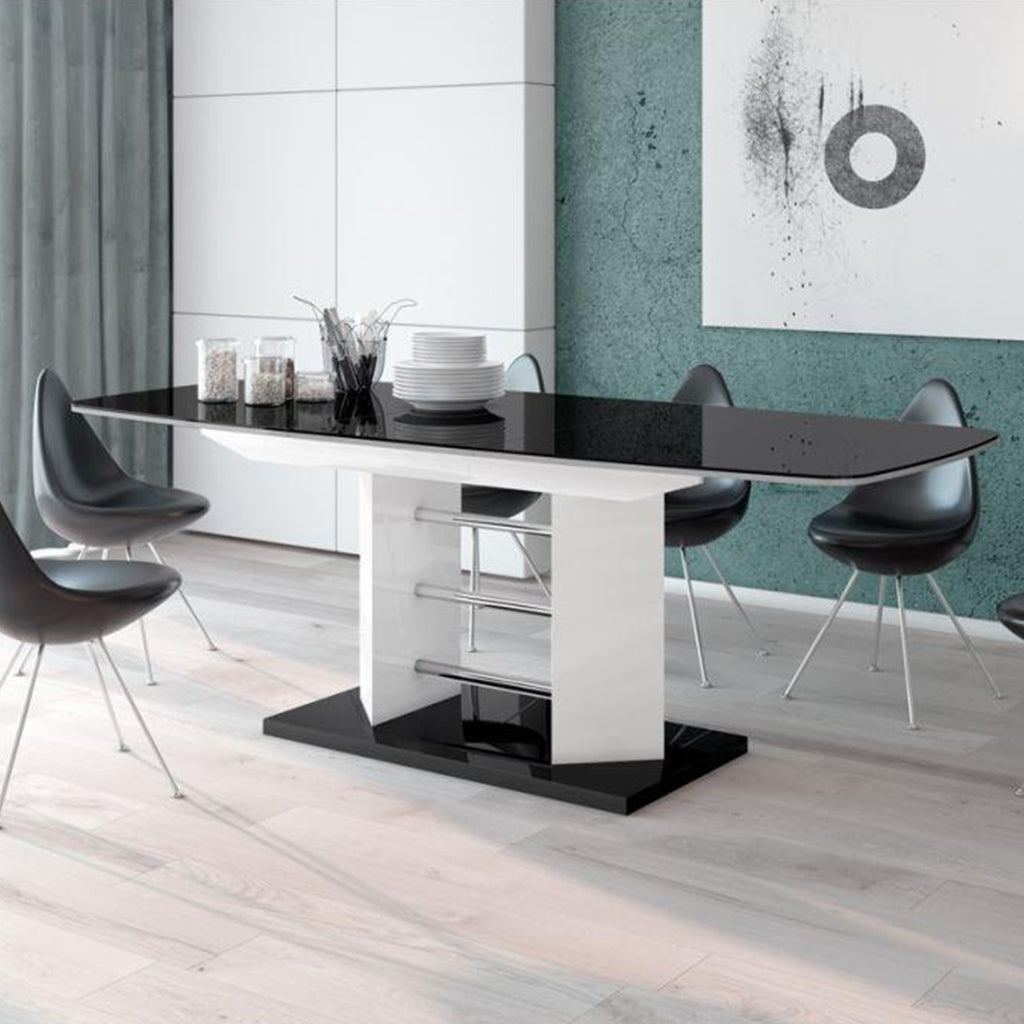 Linosa | Double Leaf Extension Dining Table, Black & White, MDF, HU0032 Brand: Maxima House Size: 62.9inW x 35inD x 29.5inH, Extended: 82- 102inW x 35inD x 29.5inH, Weight: 185lb, Shape: Rectangular Material: MDF, Seating Capacity: Seats 8-10 people ,Color: Black & White