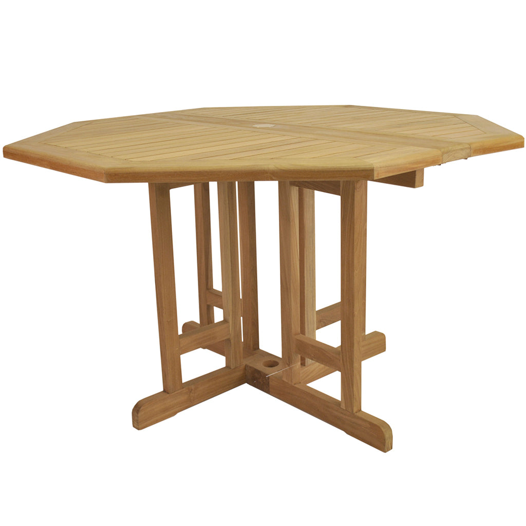 47" Octagon Table, Teak Wood Outdoor Table, TBF-120BO Brand: Anderson Teak; Size: 47inW x 47inD x 29inH Weight: 86lb; Shape: Octagonal; Material: Teak Wood Seating Capacity: Seats 4-6 people; Color: Neutral teak color; light wood