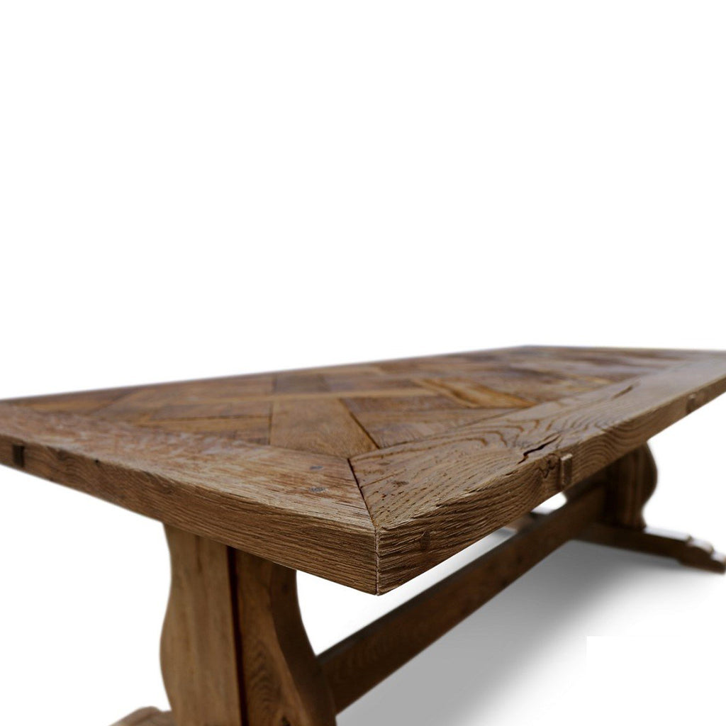 Bound- Vio | Handmade Trestle Table, Solid Oak Slabs 10 Seater, Rectangular, SCANDI082, Brand: Maxima House, Size: 110inW x 39inD x 29.5inH, Weight: 308lb, Shape: Rectangular, Material: Solid Oak Wood, Seating Capacity: Seats 8-10 people, Color: Natural Dark Wood