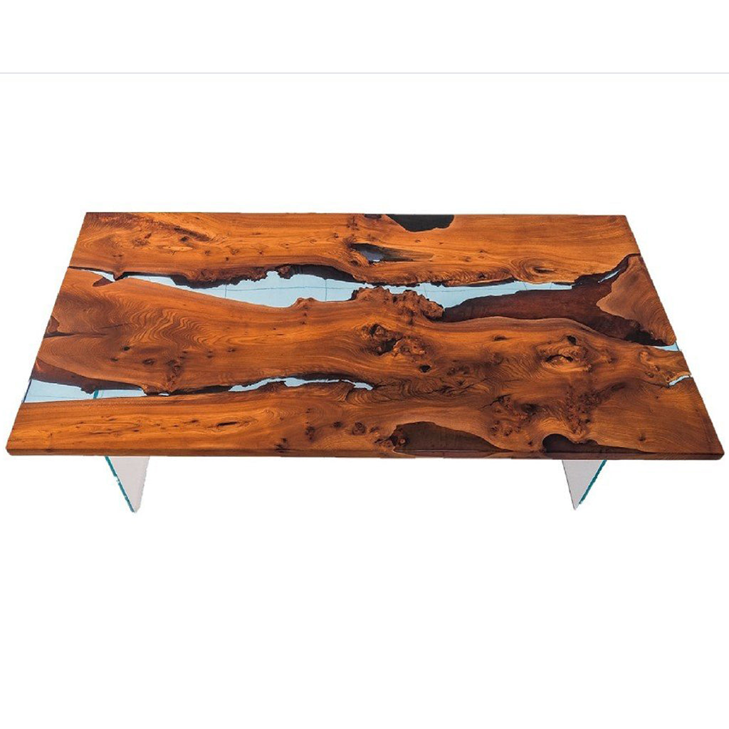 Art Pear Tree Dining Table, Rectangular, Filled With Polymer Resin, MHM009 Brand: Maxima House, Size: 104inW x 43.3inD x 29.5inH, Weight: 355lb Shape: Rectangular, Material: Top: Solid Pear Tree Wood filled with Polymer Resin Legs: Tempered Glass, Seating Capacity: Seats 8-10 people, Color: Natural Wood Color