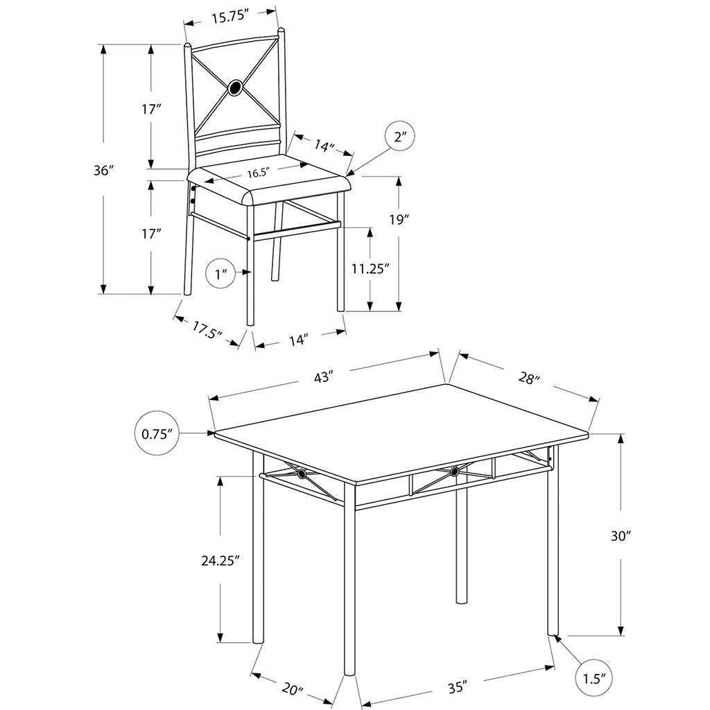 Black and Gray Dining Set, Rectangular Table & 4 Chairs, MDF & Metal Base, 332569 Brand: Homeroots, Table Size: 43inW x 28inD x 30inH, Chair Size: 16.5inW x 17inD x 36inH, Seat Height: 19in, Table Shape: Rectangular, Material: MDF & Metal Base, Faux Leather Seat With Metal Base Chairs , Seating Capacity: Seats 4, Color: Black & Gray