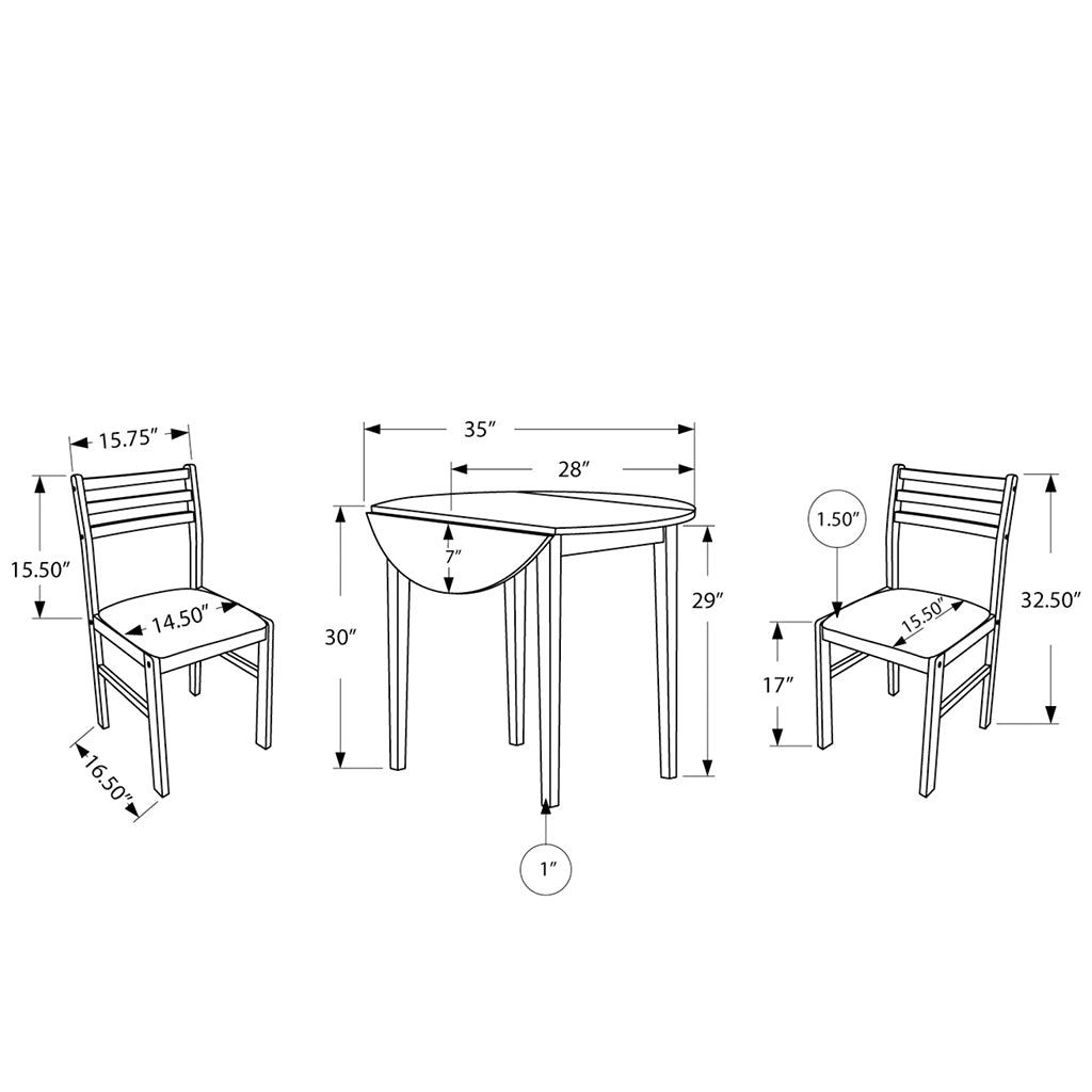 Dark Brown Round Table Dining Set, 2 Chairs Included, Solid Wood, 332562 Brand: Homeroots, Table Size: 35inW x 35inD x 30inH, Chair Size: 14.5inW x 15.5inD x 32.5inH, Seat Height: 17in, Table Shape: Round, Material: MDF & Solid Wood, Seating Capacity: Seats 2, Color: Dark Brown, Beige Chair's Seats
