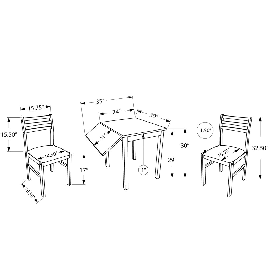 Dining Set For 2, Drop Leaf Table & 2 Chairs, MDF, Cappuccino & Beige, 332604 Brand: Homeroots, Table Size: 24inW x 30inD x 30inH, Extended: 35inW x 30inD x 30inH, Chair Size: 14.50inW x 15.5inD x 32.5inH, Seat Height: 17in, Table Shape: Rectangular, Material: MDF, Seating Capacity: Seats 2, Color: Cappuccino & Beige Color