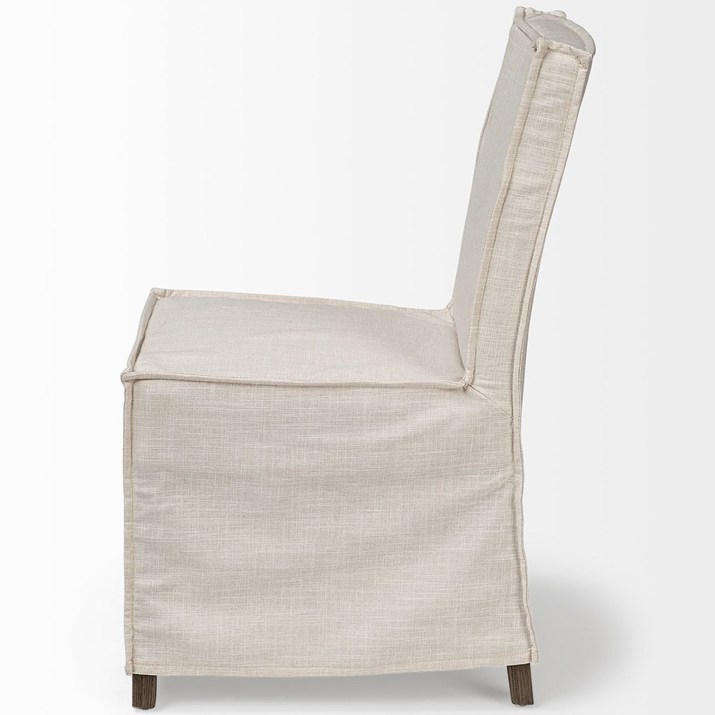 Cream Fabric Slip Cover With Brown Wooden Base Dining Chair