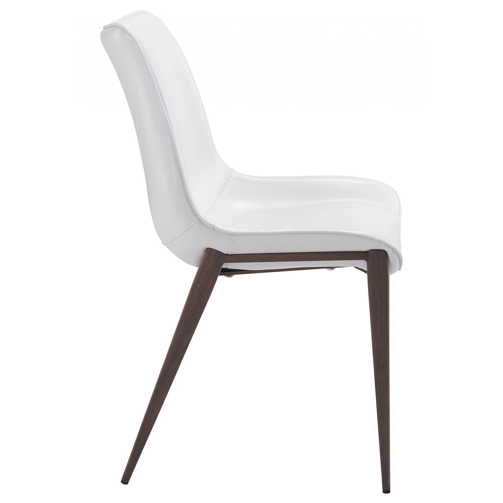 Set of 2 Dining Chairs, White Faux Leather Seat, Brown Stainless Steel Legs