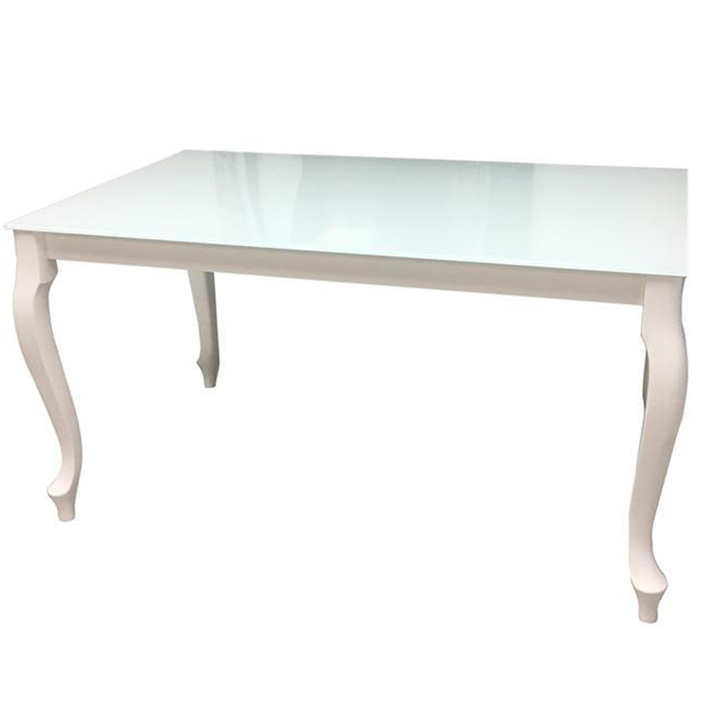 Retro | White 6 Seater Extendable Dining Table, Rectangular, Glass Top, Beech Wood Base, DT0014, Brand: Maxima House Size: 55.1inW x 31.5inD x 30inH, Extended: 74.8inW x 31.5inD x 30inH Weight: 123.5lb, Shape: Rectangular, Material: Top: Glass, Base: Beech Wood, Seating Capacity: Seats 4-6 people, Color: White