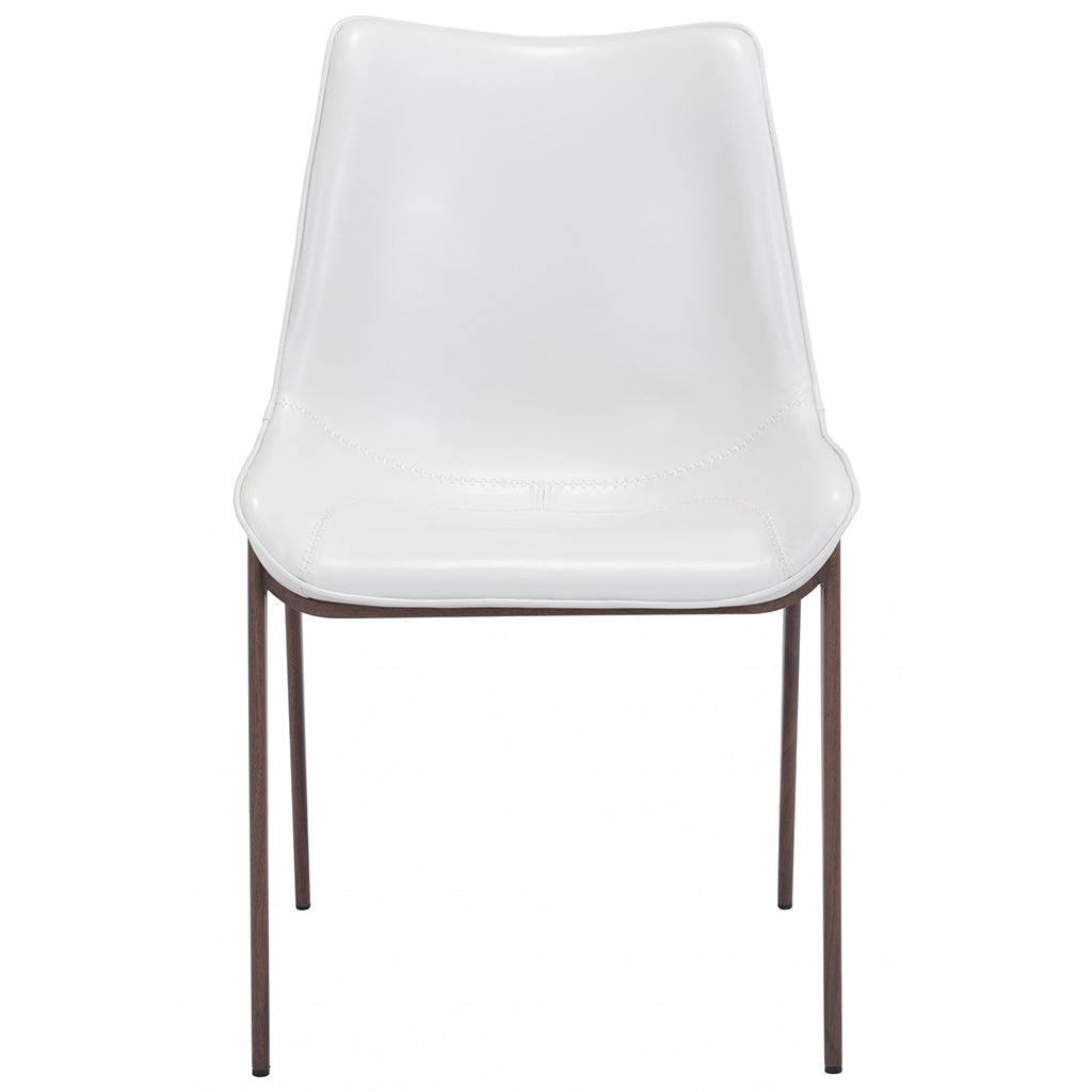 Set of 2 Dining Chairs, White Faux Leather Seat, Brown Stainless Steel Legs