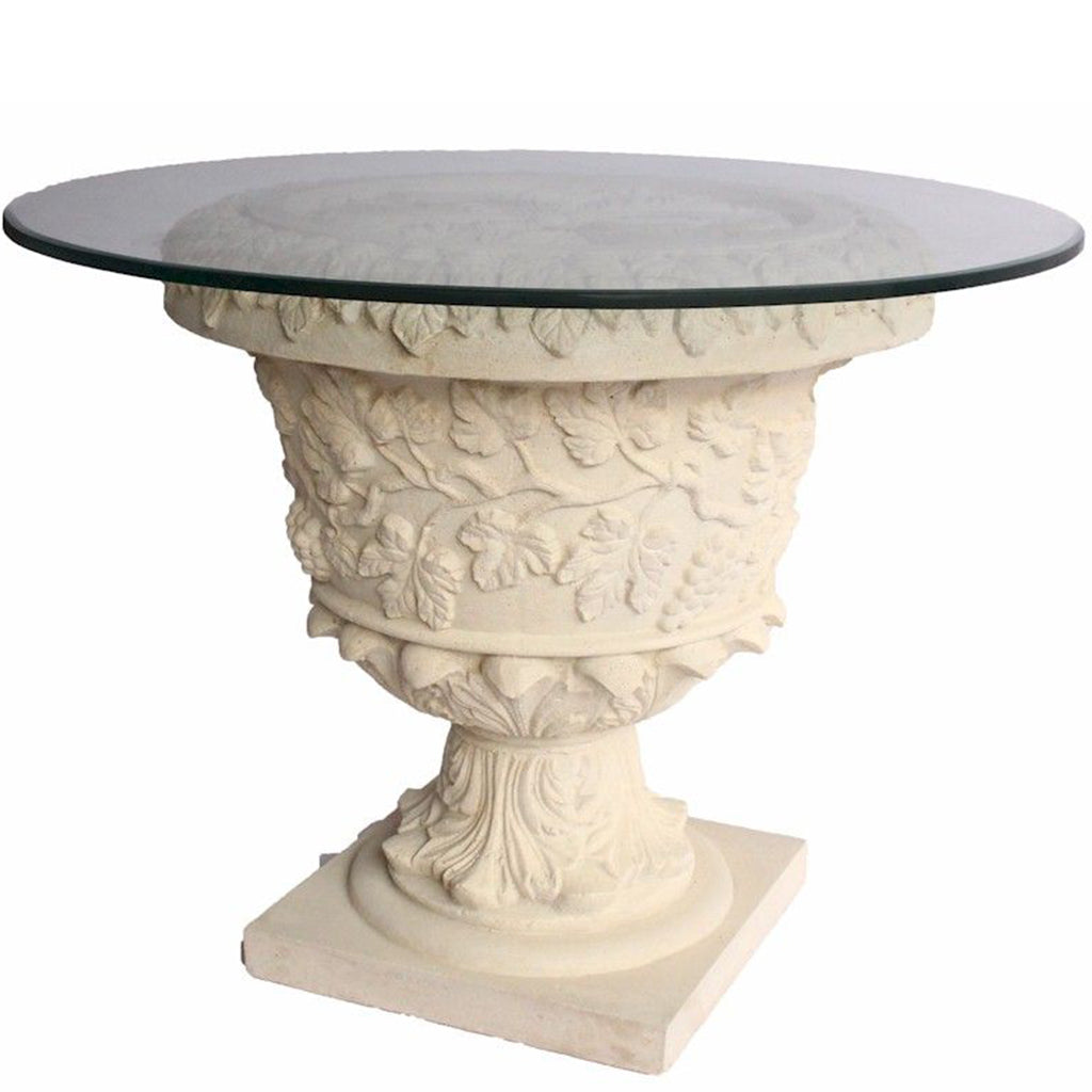 French Table Entrance Round Table, Ornate Base Glass Top, TB-G2626-36 Brand: Anderson Teak, Size: 36inW x 36inD x 26inH, 26inW x 26inD x 26inH (Base), Weight: 145lb, Shape: Round