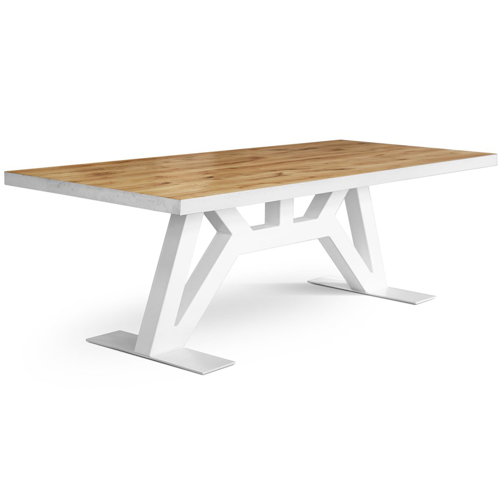Grog Handmade White Base Farmhouse Style Dining Table For 10, Solid Oak Wood, SCANDI069, Brand: Maxima House, Size: 94.5inW x 39inD x 29.5inH, Weight: 199lb, Shape: Rectangular, Material: Solid Oak Wood, Seating Capacity: Seats 8-10 people, Color: Base: White, Top: Light Wood Color