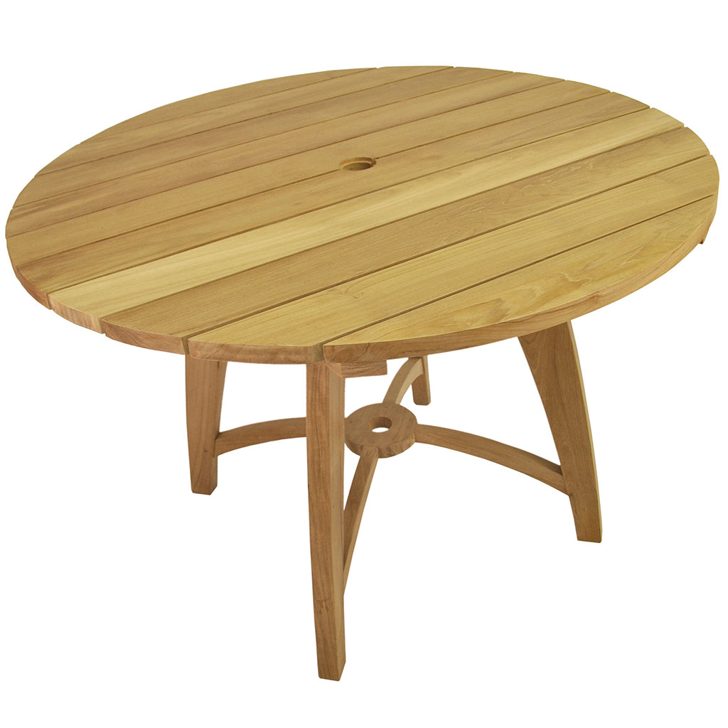 47" Standard Slat Wooden Table, Round, Teak Wood Outdoor, TB-120FN Brand: Anderson Teak Size: 47inW x 47inD x 31inH; Weight: 70lb; Shape: Round; Material: Teak Wood Seating Capacity: Seats 2-4 people ; Color: Neutral teak color; light wood