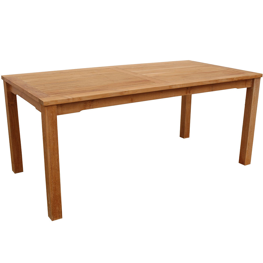 Outdoor Rectangular Wooden Table, Teak Wood, TB-070DTR Brand: Anderson Teak Size: 70inW x 35inD x 29.5inH; Weight: 80lb; Shape: Rectangular; Material: Teak Wood Seating Capacity: Seats 4-6 people; Color: Neutral teak color; light wood