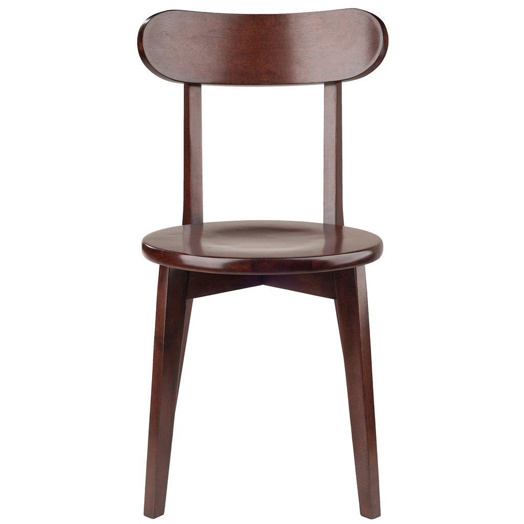Set of two vintage-style walnut wood dining chairs with flared legs and a rich walnut finish, perfect for dining or game rooms.