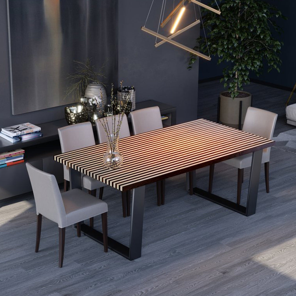 Genoa | Striped Top Dining Table, 8 Seater, Rectangular, Solid Oak Wood, MH005 Brand: Maxima House, Size: 74.4inW x 38.9inD x 29.5inH Weight: 175lb, Shape: Rectangular, Material: Top: Solid Oak Wood Seating Capacity: Seats 6-8 people, Color: Top: Brown & White , Base: Black