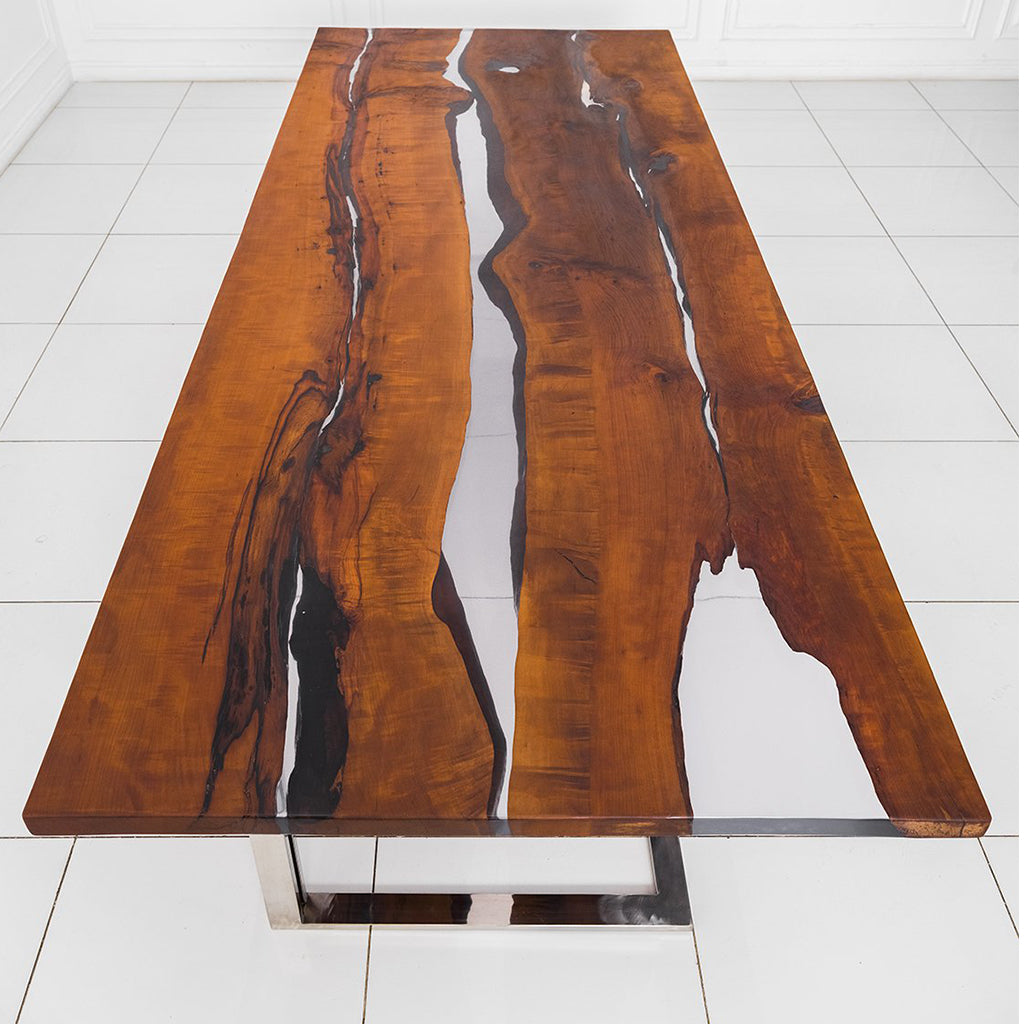 Lesnoy | Polymer Resin Hand Made Dining Table, Rectangular, Pear Tree Wood, Stainless Steel Legs, MHM012, Brand: Maxima House, Size: 116.5inW x 49inD x 29.5inH, Weight: 450lb, Shape: Rectangular, Material: Top: Solid Pear Tree Wood filled with Polymer Resin Legs: Stainless Steel, Seating Capacity: Seats 8-10 people, Color: Natural Wood Color