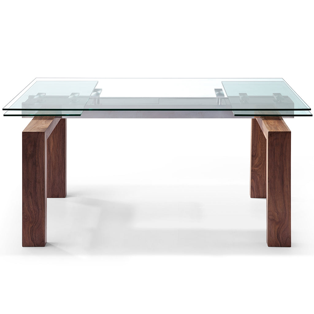 Davy | Rectangular Glass Dining Table With Wooden Legs For 6, DT1256-WLT Brand: Whiteline Modern Living Size: 63inW x 35inD x 30inH; Extended: 98inW x 35inD x 30inH Weight: 235lb, Shape: Rectangular Material: Top: 1/2" Tempered Clear Glass; Base: Solid Wood/ Walnut Veneer Seating Capacity: Seats 4-6 people; Color: Stainless Steel Color