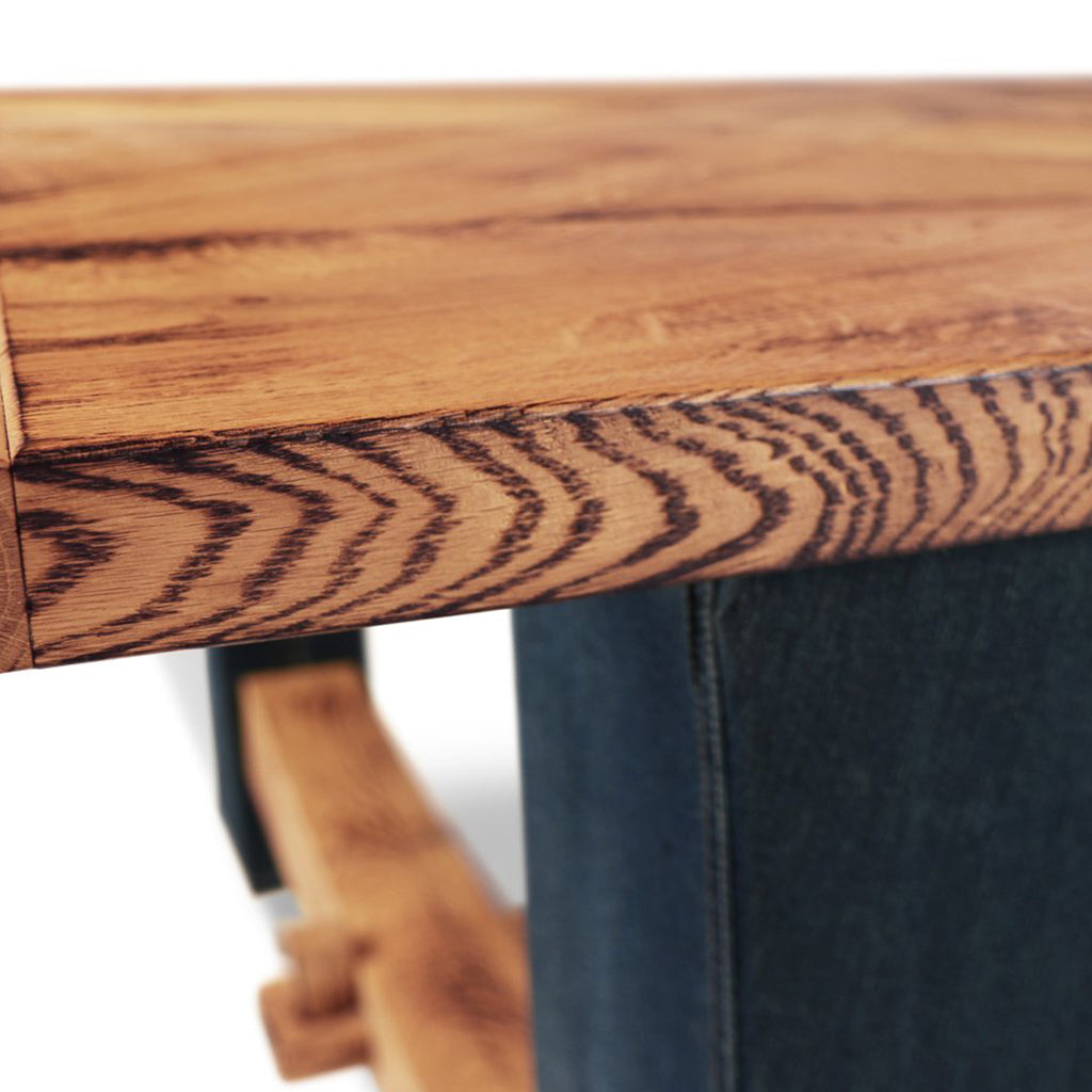 Britt-Jeans Handmade Denim Upholstered Unique Dining Table, Rectangular Farmhouse Style, Solid Oak Wood, SCANDI064, Brand: Maxima House, Size: 86.5inW x 39inD x 30.5inH, Weight: 331lb, Shape: Rectangular, Material: Solid Oak Wood top, denim upholstered table legs (nice and modern look, unique design), Seating Capacity: Seats 6-8 people, Color: Natural Wood Color