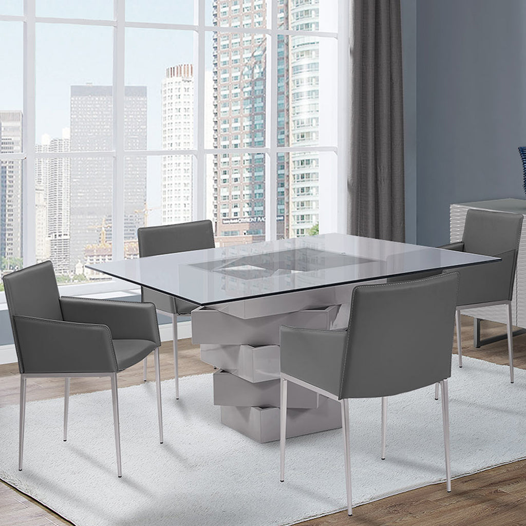 Carson | Glass Square Table, Geometric Base With Mirrors, DT1402-GRY Brand: Whiteline Modern Living Size: 59inW x 59inD x 30inH; Weight: 298lb, Shape: Square, Material: Top: 1/2in Clear Glass; Base: High gloss gray lacquer geometric base with mirrors Seating Capacity: Seats 2-4 people; Color: Gray