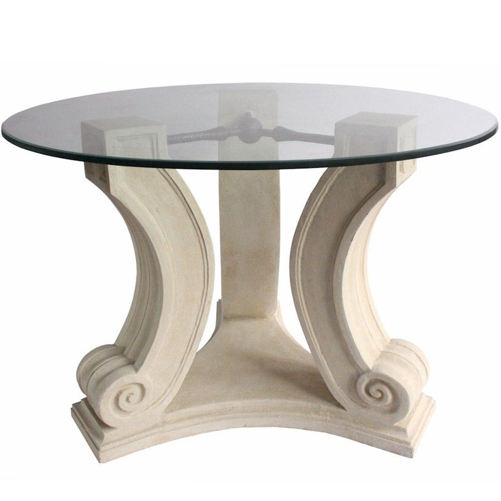 Glass Entry Table, Round, Limestone Base, Glass Top TB-G3429-42 Brand: Anderson Teak Size: 34inW x 34inD x 29inH (Base); 42″W 42″W (Glass Top) Weight: 150lb; Shape: Round; Material: Base: Limestone ; Top: 3/8" thick glass; Color: White Natural Limestone Color