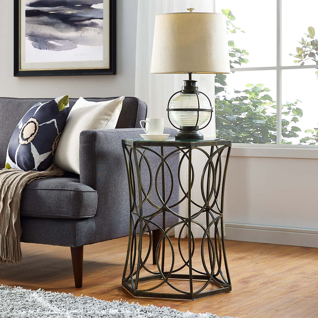 Circle | Glass Octagonal End Table, Antique Iron Base, EEI-2882