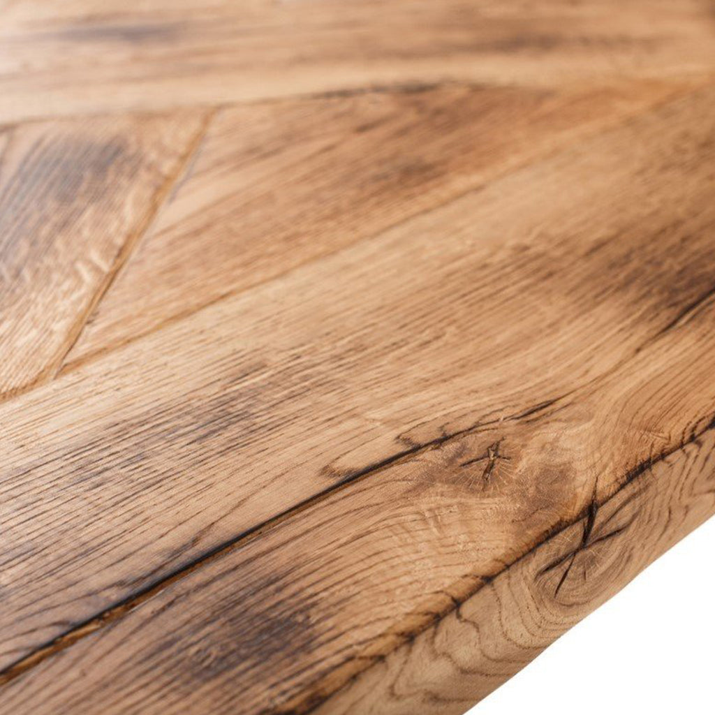 Rita Dining Table | Solid Wooden Planks, Handmade, Metal Base, SCANDI112 Brand: Maxima House, Size: 86.5inW x 39.4inD x 30.5inH, Weight: 331lb, Shape: Rectangular, Material: Top: Solid Oak Wood, Base: Metal, Seating Capacity: Seats 6-8 people, Color: Top: Natural Light Wood, Legs: Black