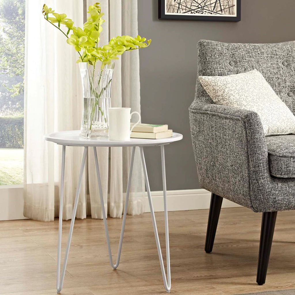 Digress | Simple White Round End Table, Fiberboard Top, Steel Hairpin Legs, EEI-2677-WHI