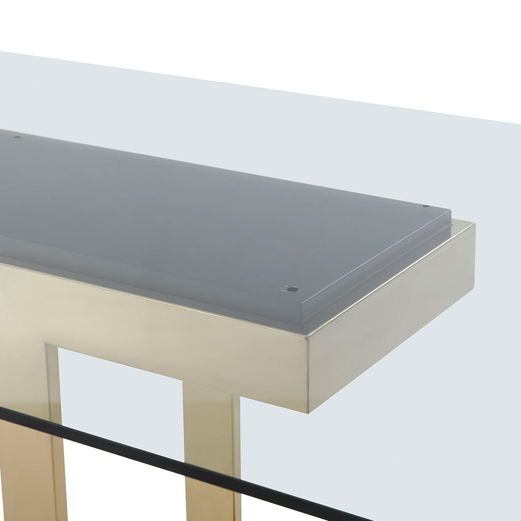 Gold Color Table, Dining, Rectangular, Glass Top, DT1658-BLK Brand: Whiteline Modern Living Size: 87inW x 39inD x 30inH; Weight: 229lb Shape: Rectangular; Material: Top: 1/2" Glass; Base: Gold Stainless Steel; Seating Capacity: Seats 4-6 people; Color: Gold Color Base