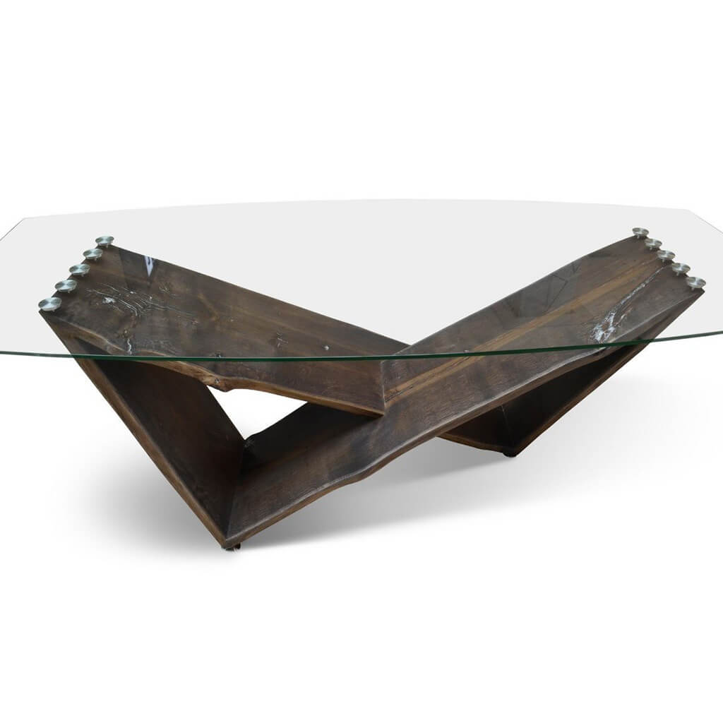 Maxima House Winik dining table featuring a live edge wood base and a sleek tempered glass top