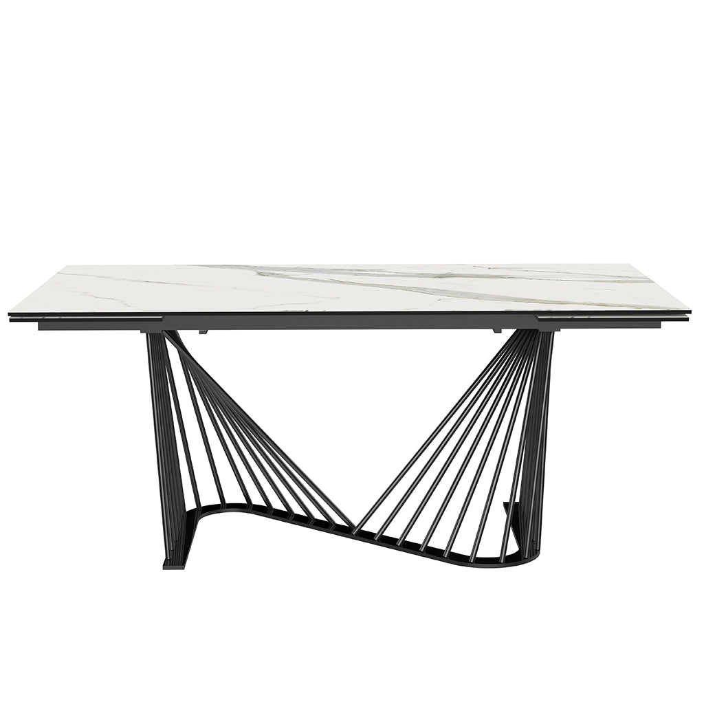 Roma | Black And White Extendable Dining Тable, Rectangular, Glass And Ceramic Top, Metal Base, DT1633E-WHT Brand: Whiteline Modern Living Size: 71inW x 35inD x 30inH, Extended: 102inW x 35inD x 30inH Weight: 225lb, Shape: Rectangular Material: Top: Glass & White Ceramic, Base: Black Powder quoted metal base Seating Capacity: Seats 6-8 people, Color: White Top, Black Base