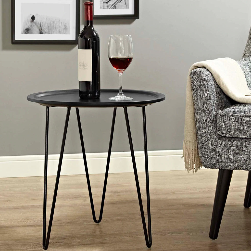 Digress | Simple Black Round End Table, Fiberboard Top, Steel Hairpin Legs, EEI-2677-BLK