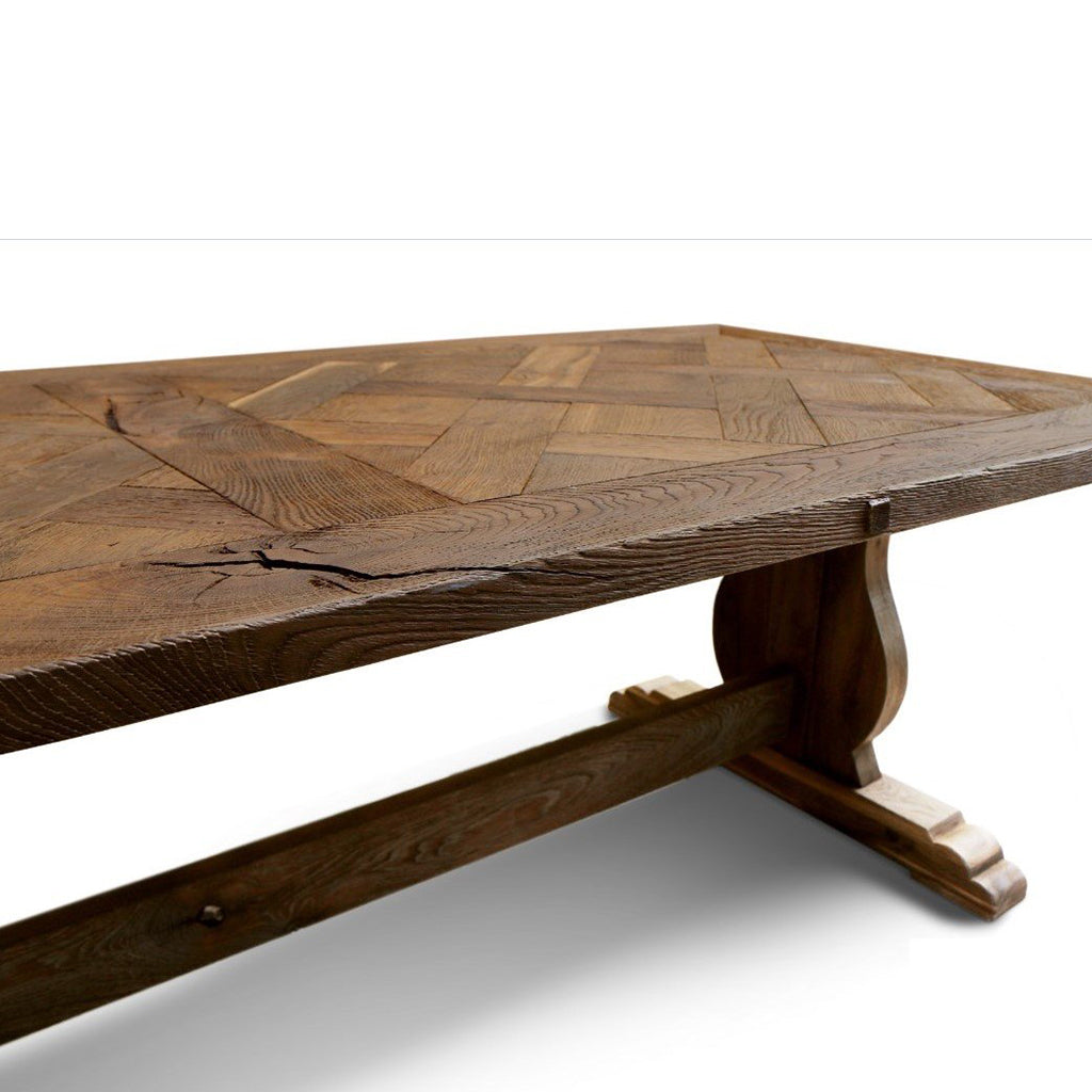 Bound- Vio | Handmade Trestle Table, Solid Oak Slabs 10 Seater, Rectangular, SCANDI082, Brand: Maxima House, Size: 110inW x  39inD x  29.5inH, Weight: 308lb, Shape: Rectangular, Material: Solid Oak Wood, Seating Capacity: Seats 8-10 people, Color: Natural Dark Wood