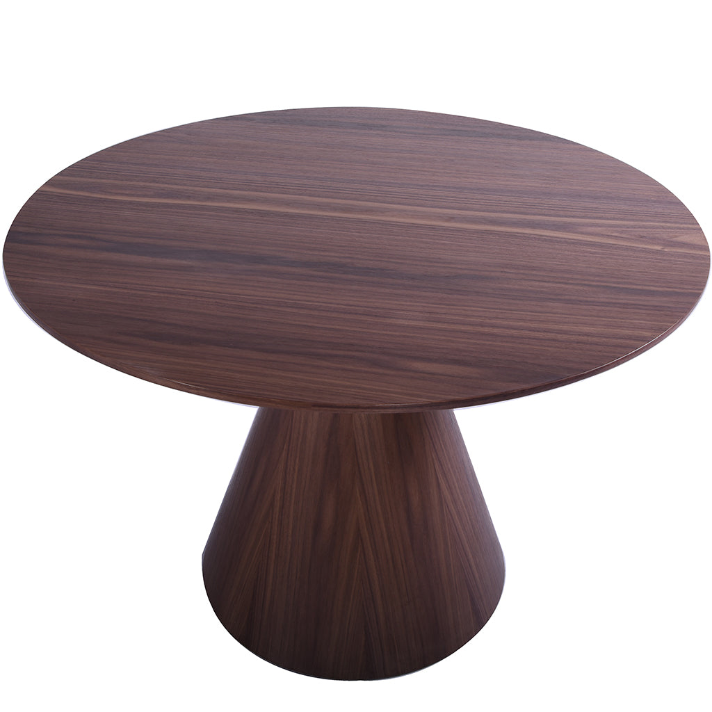 Kira | 47 Inch Table, Round, MDF Table, Walnut Veneer Top And Base Brand: Whiteline Modern Living Size: 47inD x 30inH Weight: 84lb Shape: Round Material: MDF; Walnut Veneer Top & Base; Seating Capacity: Seats 2-4 people; Color: Walnut Veneer, DT1428-WLT