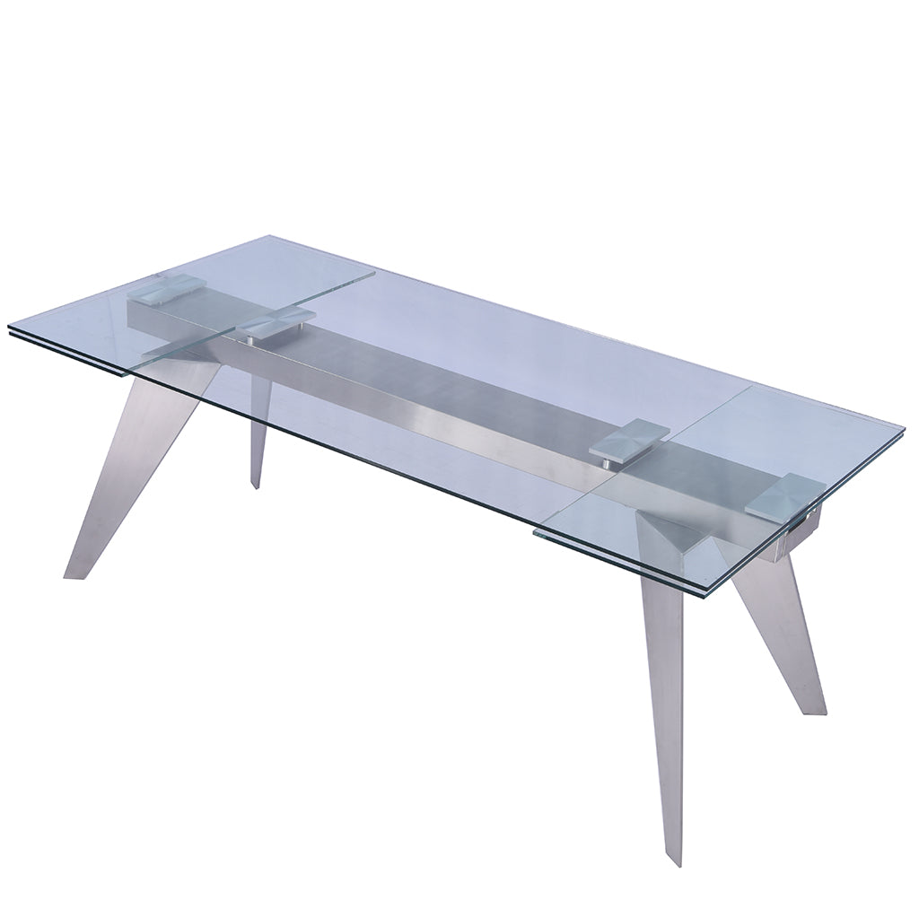 Solid Glass Table, Rectangular, Tempered Glass Top, Stainless Steel Mechanism, Stainless Steel Legs, DT1427 Brand: Whiteline Modern Living; Size: 79inW x 40inD x 31inH Extended: 110inW x 40inD x 31inH; Weight: 301lb; Shape: Rectangular Material: Top: 1/2" Tempered Clear Glass; Mechanism: Stainless Steel; Legs: Stainless Steel Seating Capacity: Seats 6-8 people; Color: Stainless Steel Color