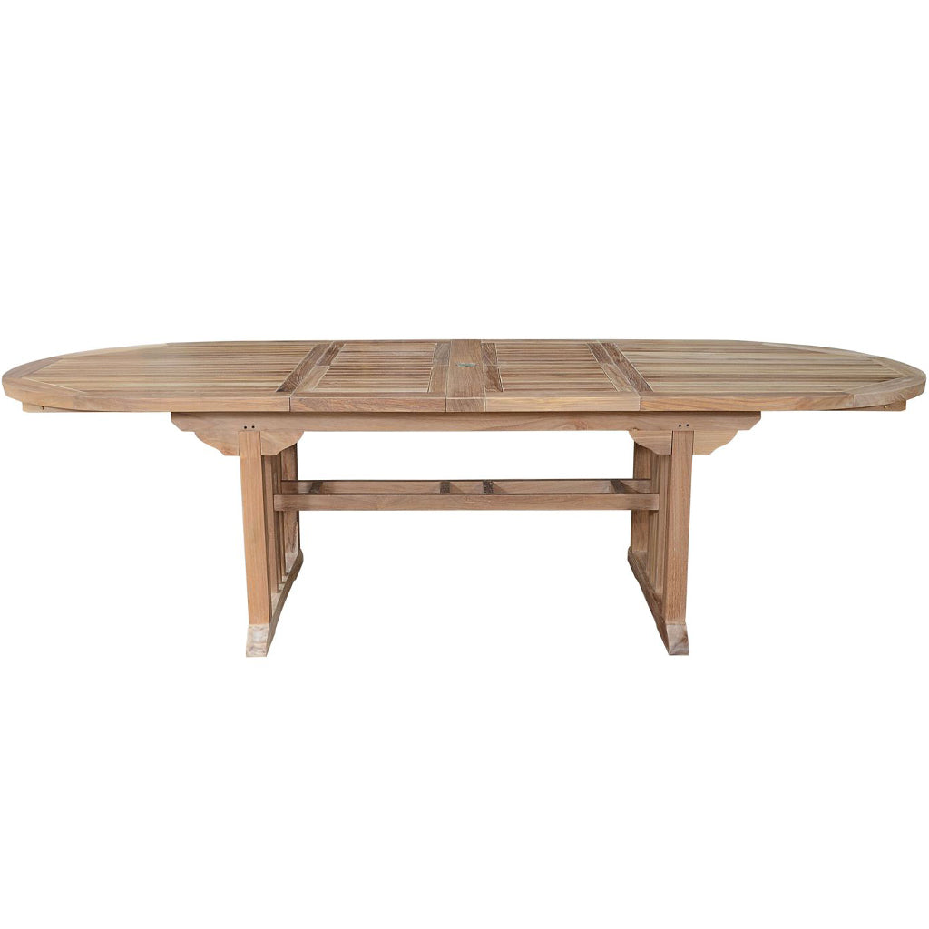 106" Oval Extendable Dining Table, Outdoor Table For 10, TBX-106VD Brand: Anderson Teak Size: 106inW x 43inD x 29inH Weight: 170lb; Shape: Oval; Material: Teak Wood Seating Capacity: Seats 8-10 people; Color: Neutral teak color; light wood