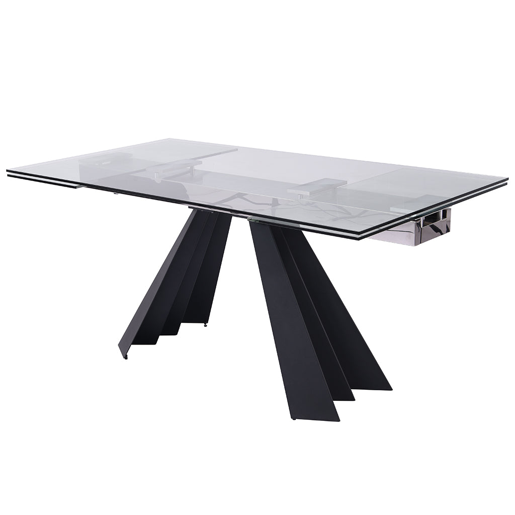 Chicago | Modern Extendable Glass Table For 8, Rectangular, Elegant, Tempered Clear Glass Top, Sanded Black Metal Legs, DT1717-BLK Size: 63inW x 35inD x 30inH; Extended: 95inW x 35inD x 30inH Weight: 211lb; Shape: Rectangular Seating Capacity: Seats 6-8 people; Color: Sanded Black Color