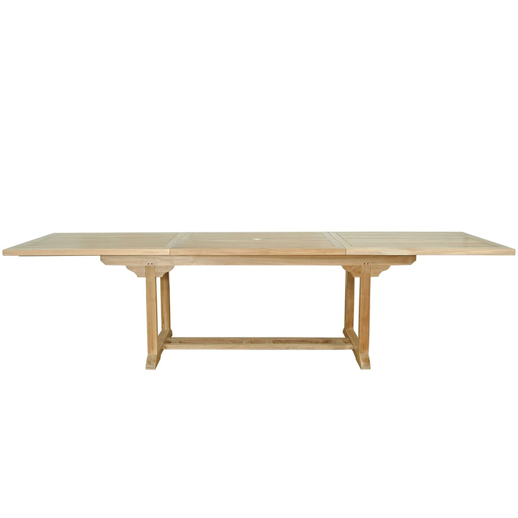 Bahama | 10-Foot Extension Outdoor Table, Rectangular, Teak Wood TBX-010R  Brand: Anderson Teak; Size: 118inW x 39inD x 29inH Weight: 185lb; Shape: Rectangular; Material: Teak Wood Seating Capacity: Seats 8-10 people; Color: Neutral teak color; light wood
