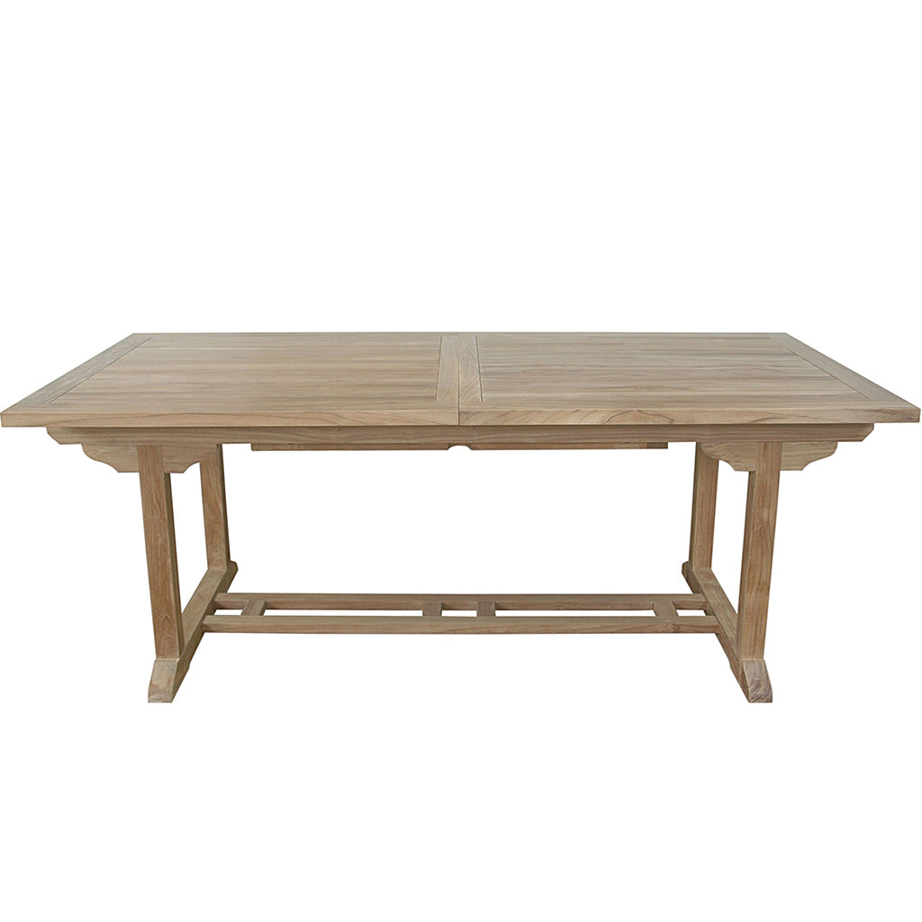Bahama | 10-Foot Extension Outdoor Table, Rectangular, Teak Wood TBX-010R  Brand: Anderson Teak; Size: 118inW x 39inD x 29inH Weight: 185lb; Shape: Rectangular; Material: Teak Wood Seating Capacity: Seats 8-10 people; Color: Neutral teak color; light wood